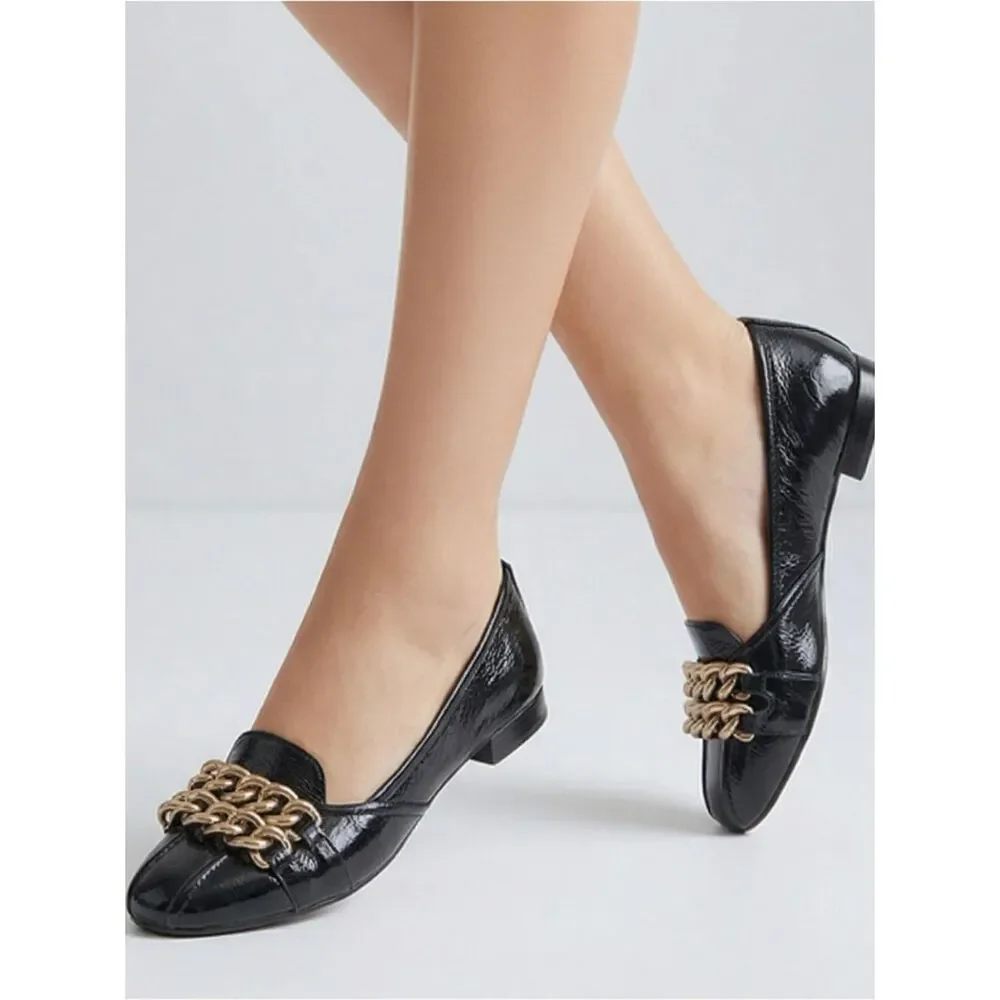 TORY BURCH | Hana Black Patent Leather Flats Gold Chains 5.5
